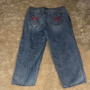 Women’s Blue Denim Jeans with Red Bow Back Embroidery